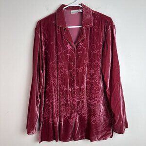 Vintage Velvet Floral Button Up Pink Long Sleeve Silk Blend Med Whimsigoth Fairy